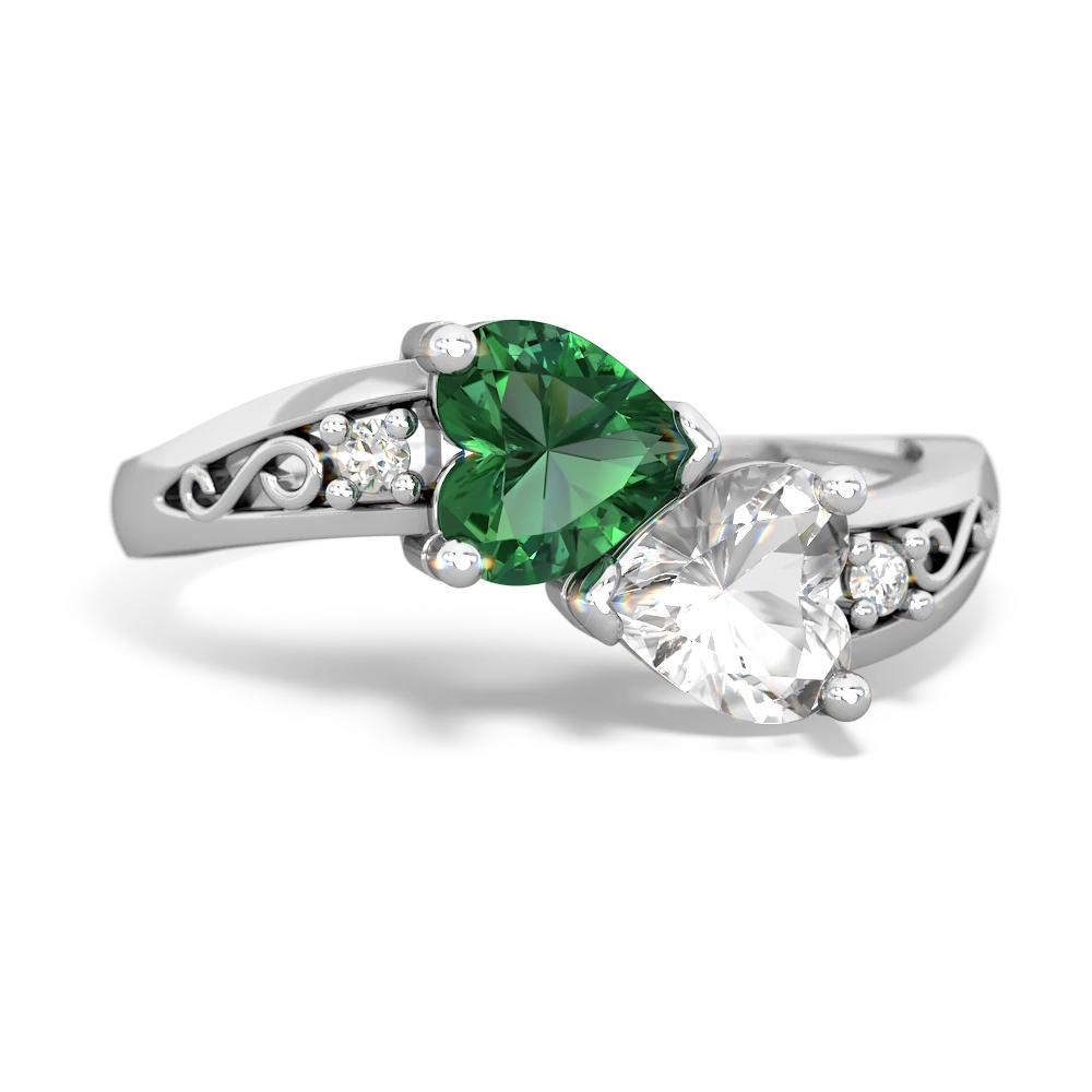 Lab Emerald Snuggling Hearts 14K White Gold ring R2178