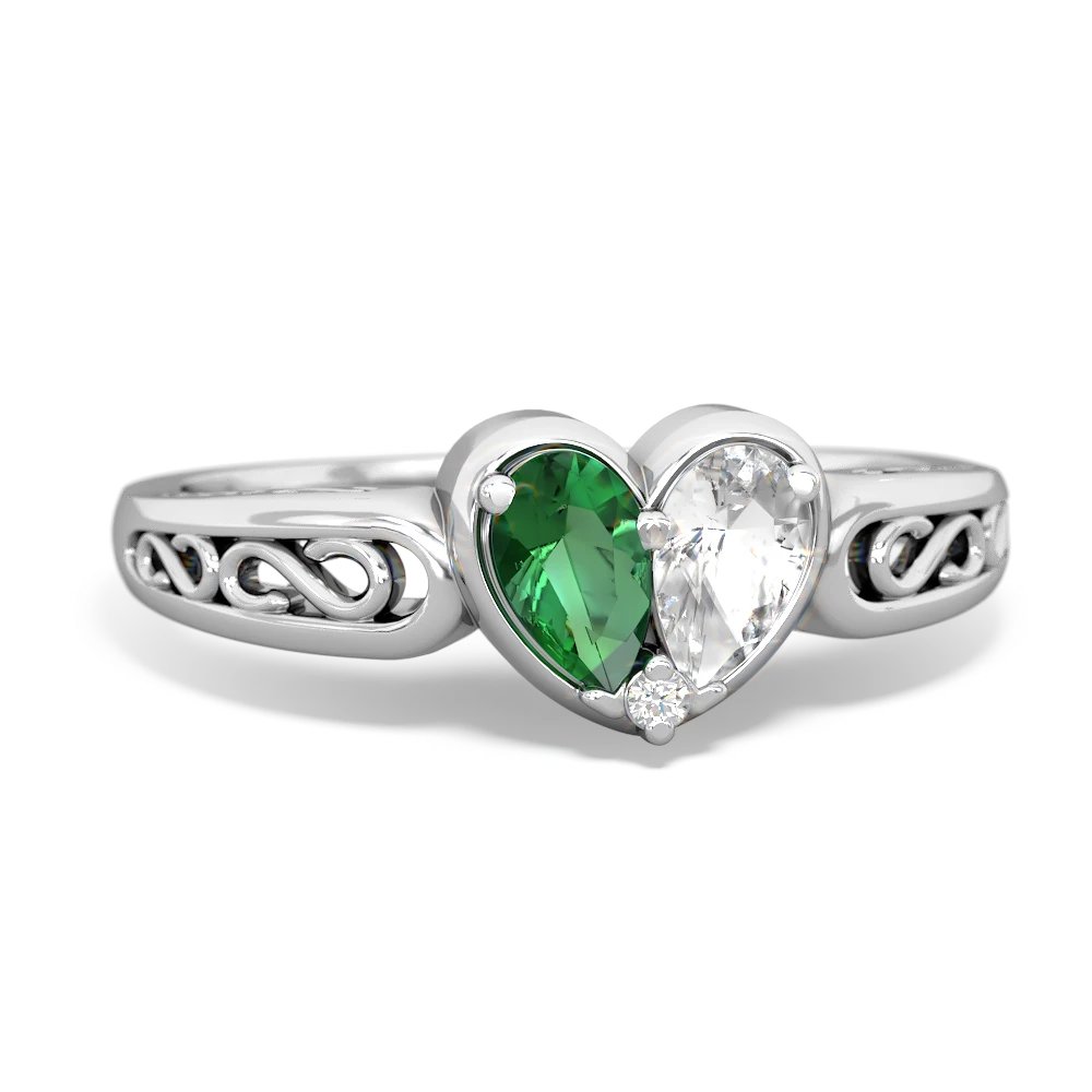 Lab Emerald Filligree 'One Heart' 14K White Gold ring R5070
