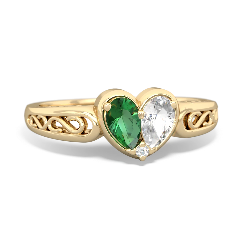 Lab Emerald Filligree 'One Heart' 14K Yellow Gold ring R5070