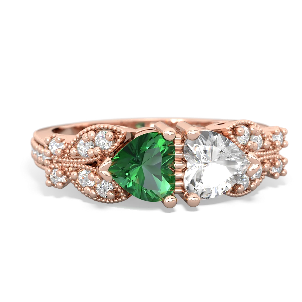 Lab Emerald Diamond Butterflies 14K Rose Gold ring R5601