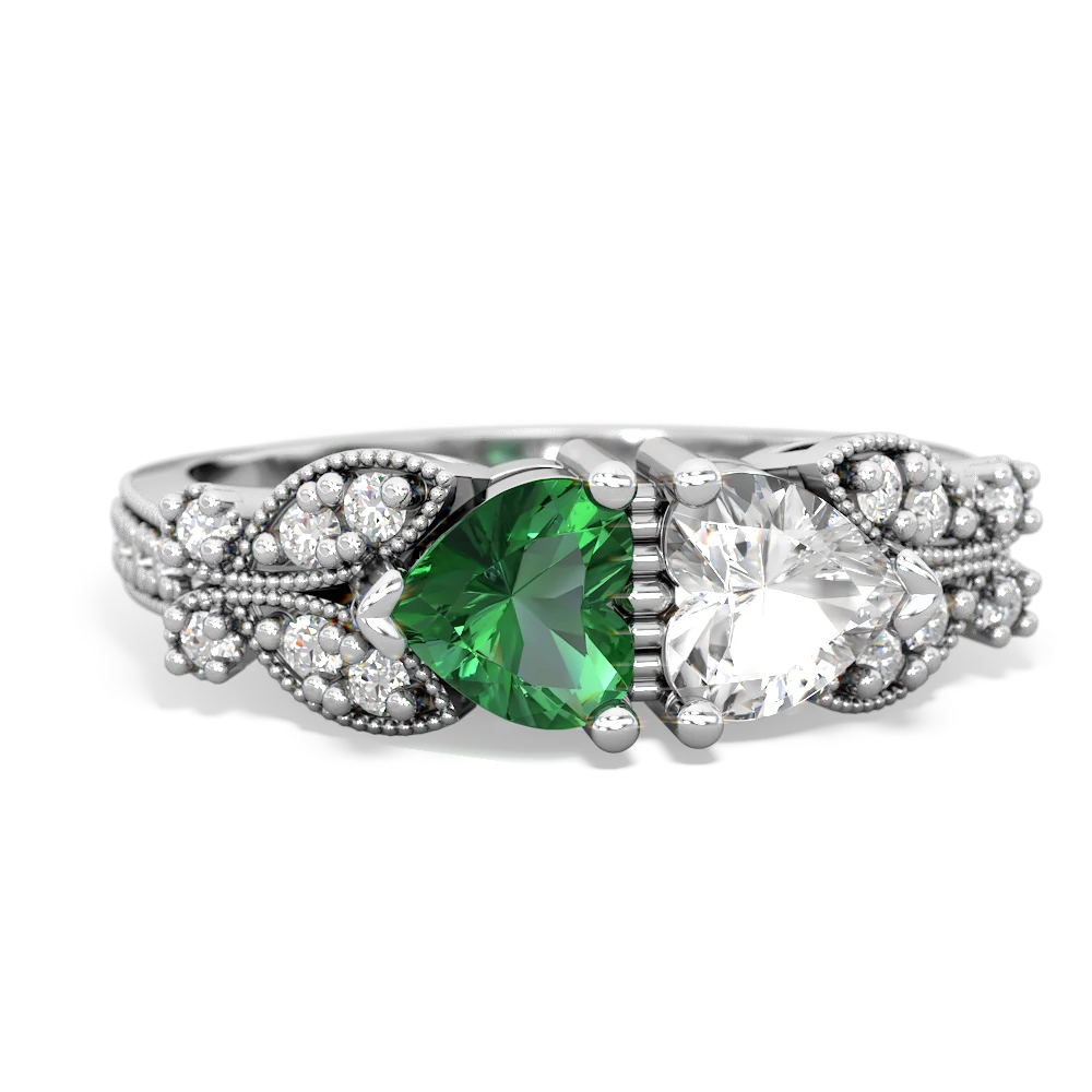 Lab Emerald Diamond Butterflies 14K White Gold ring R5601