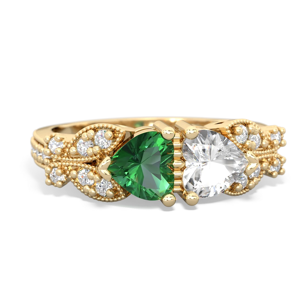 Lab Emerald Diamond Butterflies 14K Yellow Gold ring R5601