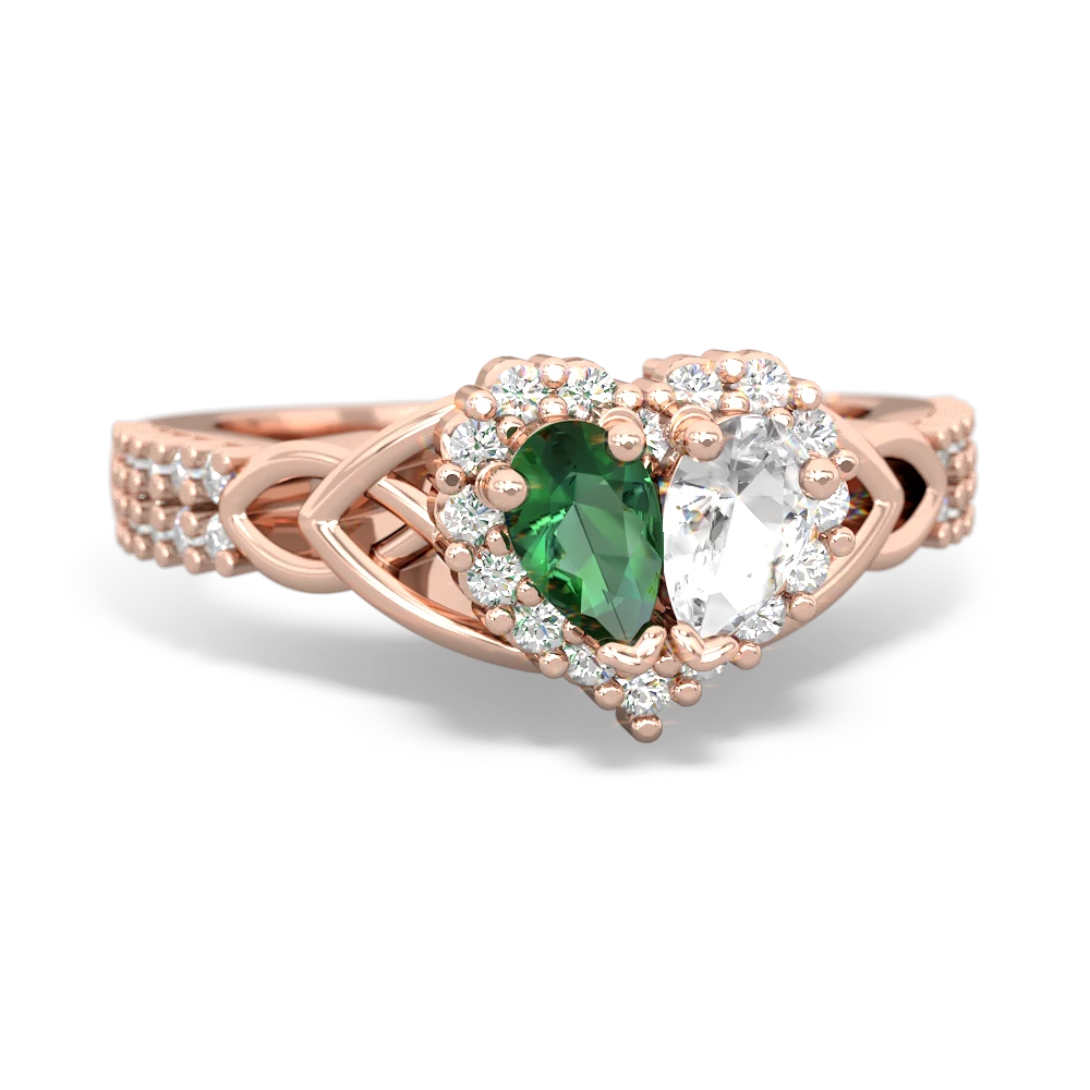 Lab Emerald Celtic Knot Two Hearts As One 14K Rose Gold ring R2644HRT