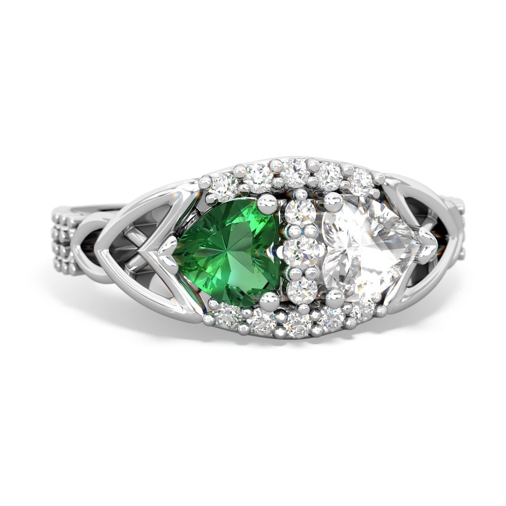 Lab Emerald Sparkling Celtic Knot 14K White Gold ring R2645