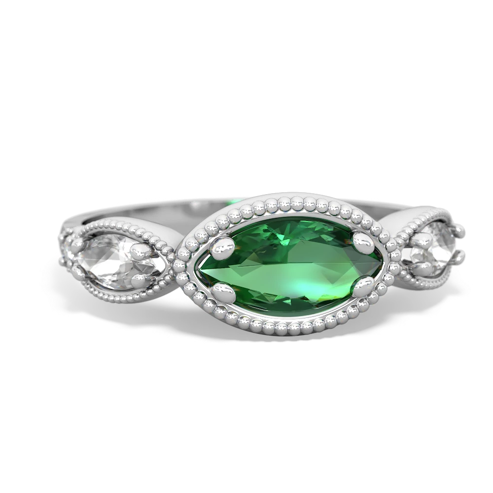 Lab Emerald Milgrain Marquise 14K White Gold ring R5700