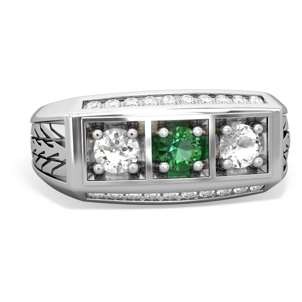 Lab Emerald Three Stone Tire Tread Men's 14K White Gold ring R0520