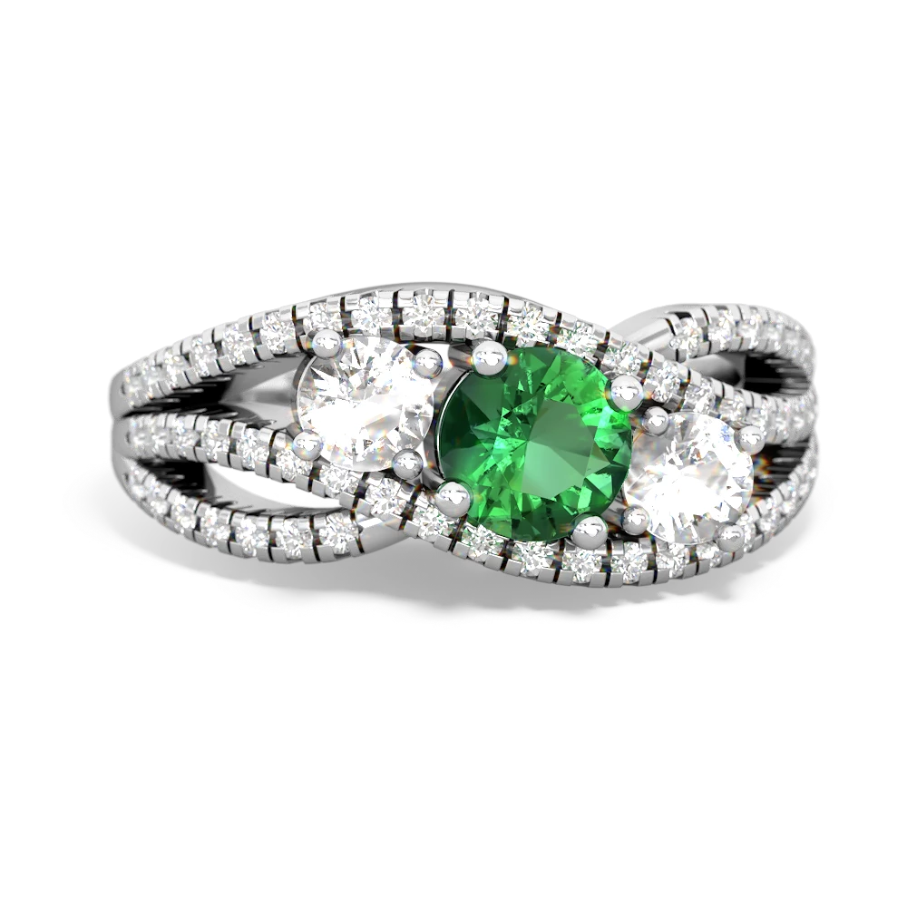 Lab Emerald Three Stone Aurora 14K White Gold ring R3080