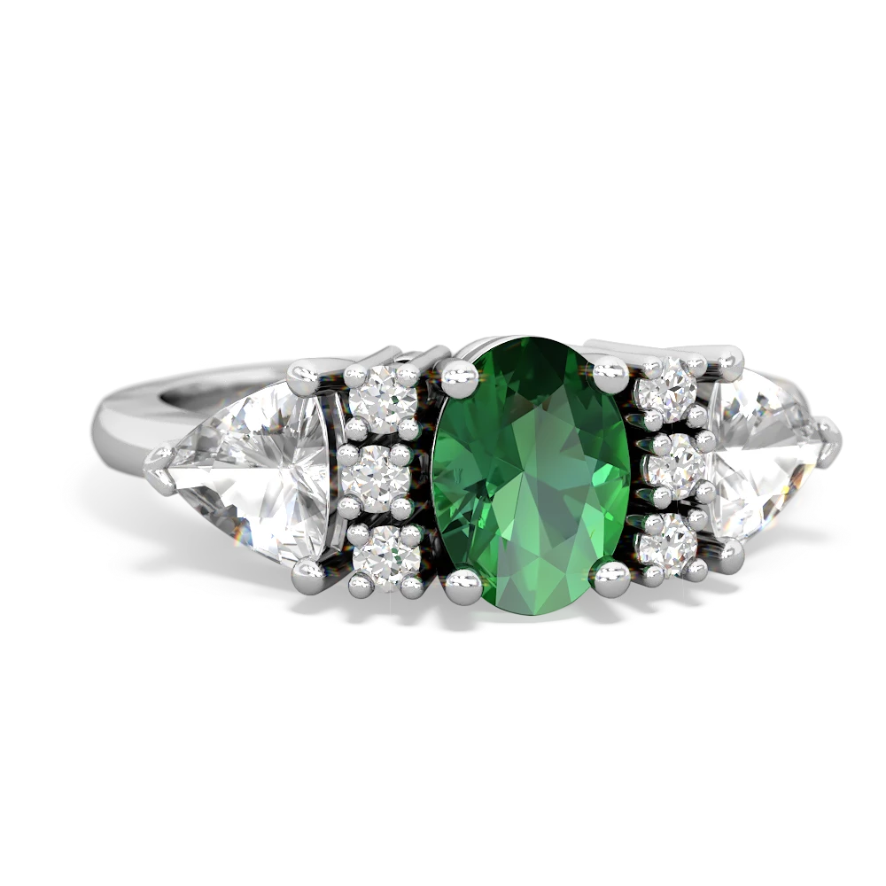 Lab Emerald Antique Style Three Stone 14K White Gold ring R2186