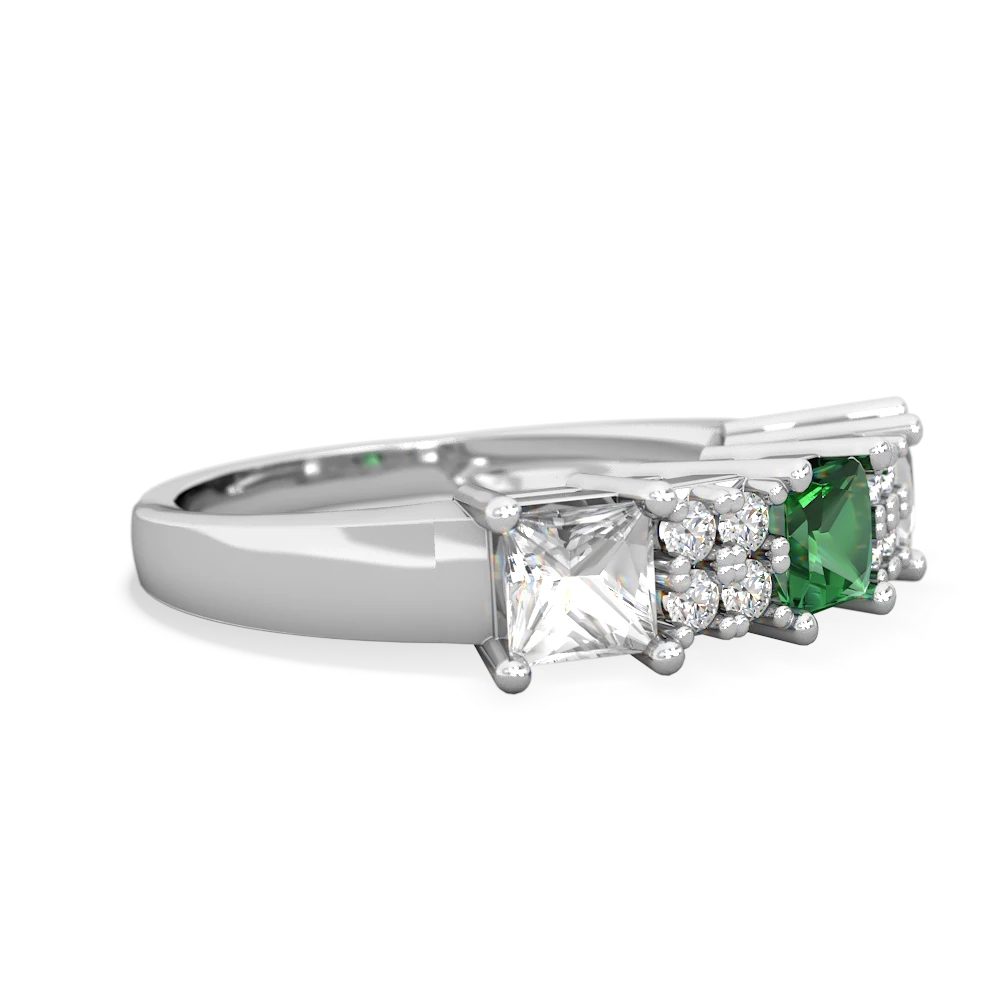 Lab Emerald Three Stone Diamond Cluster 14K White Gold ring R2592