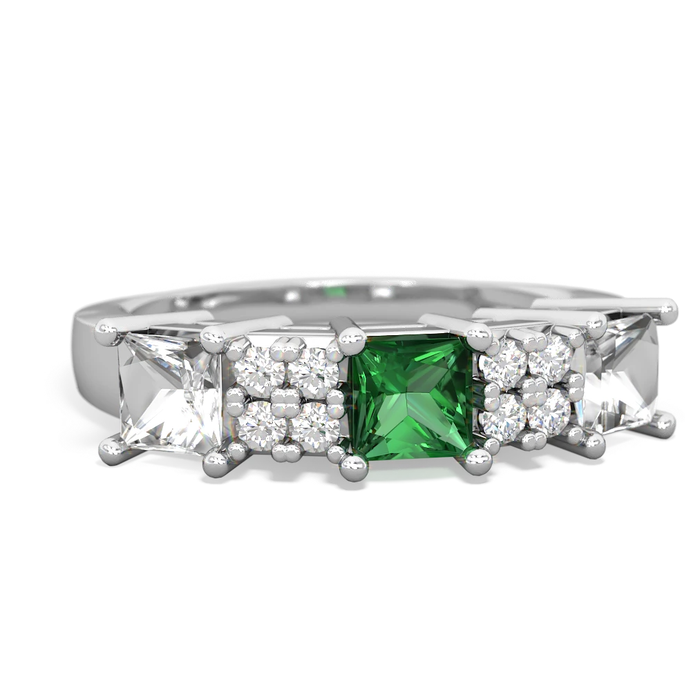 Lab Emerald Three Stone Diamond Cluster 14K White Gold ring R2592