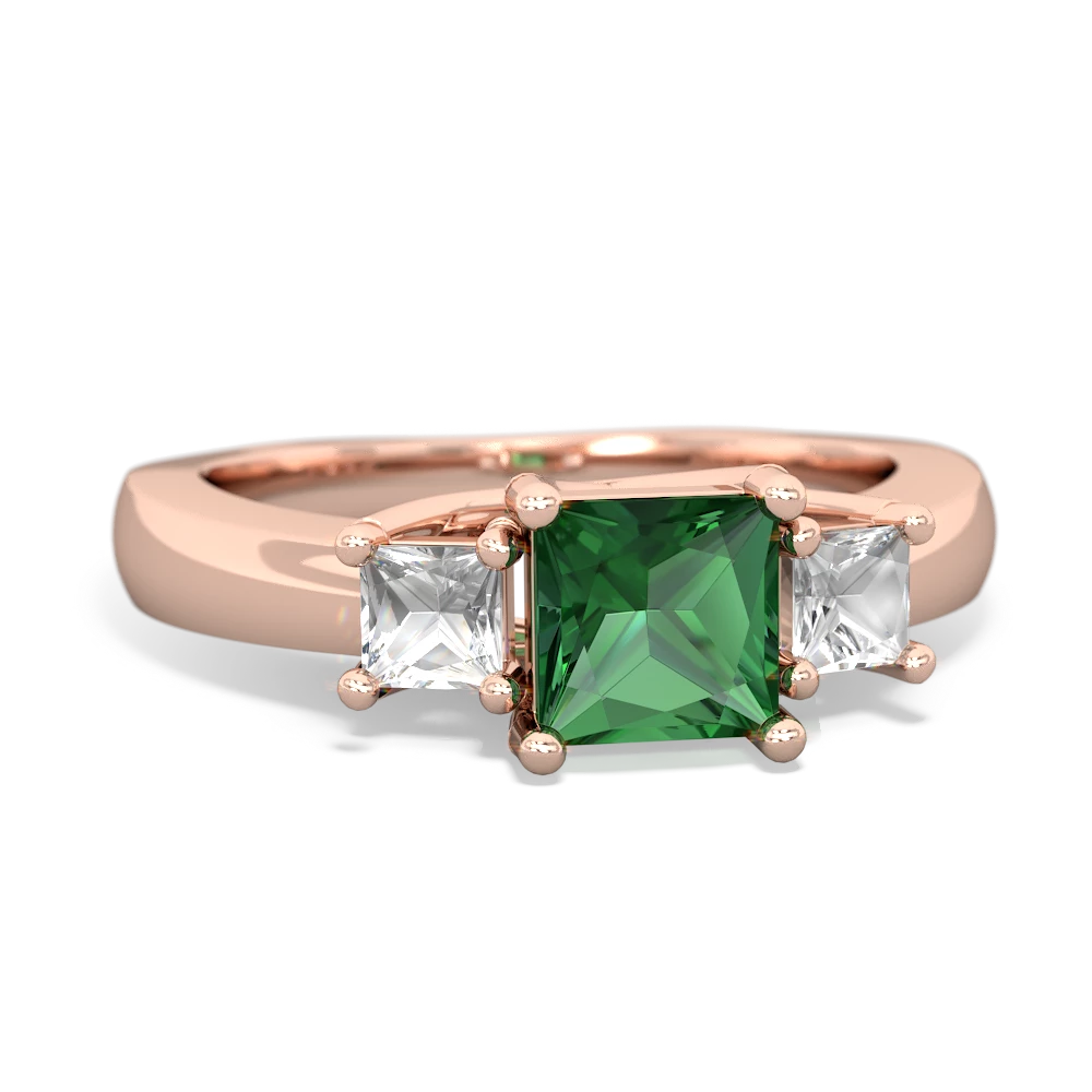 Lab Emerald Three Stone Trellis 14K Rose Gold ring R4015