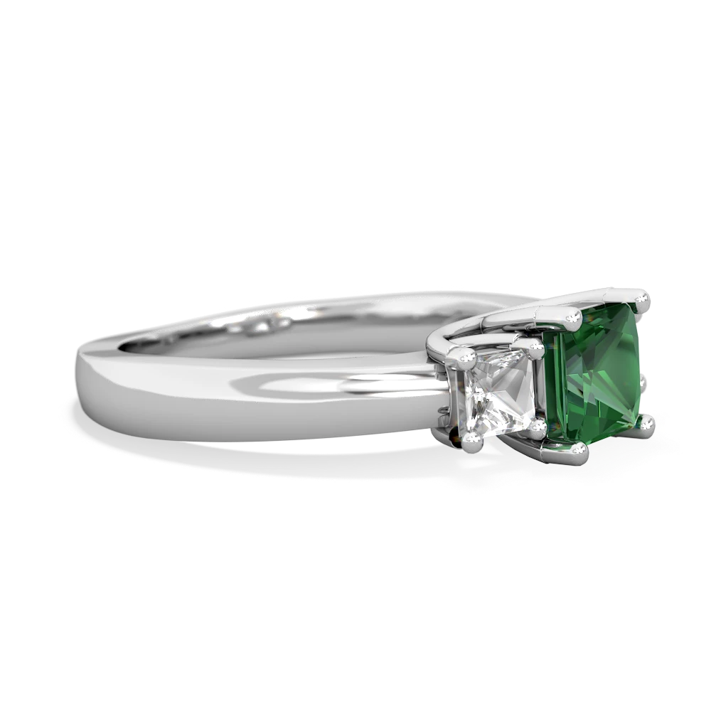 Lab Emerald Three Stone Trellis 14K White Gold ring R4015