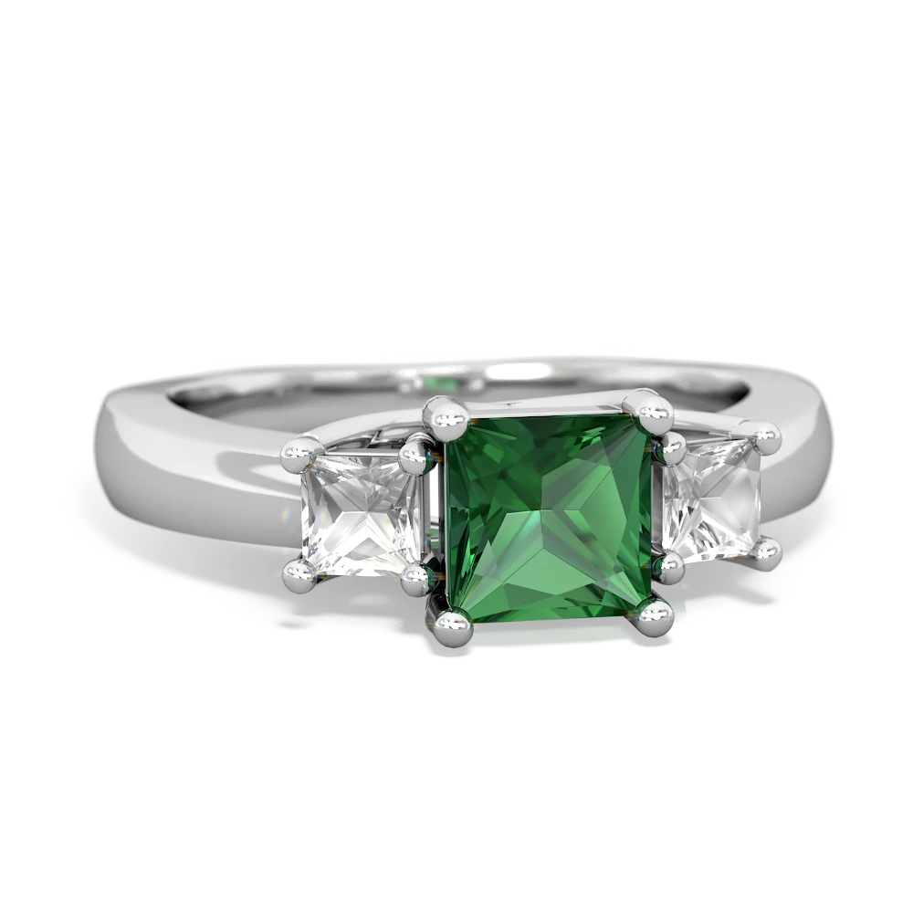 Lab Emerald Three Stone Trellis 14K White Gold ring R4015