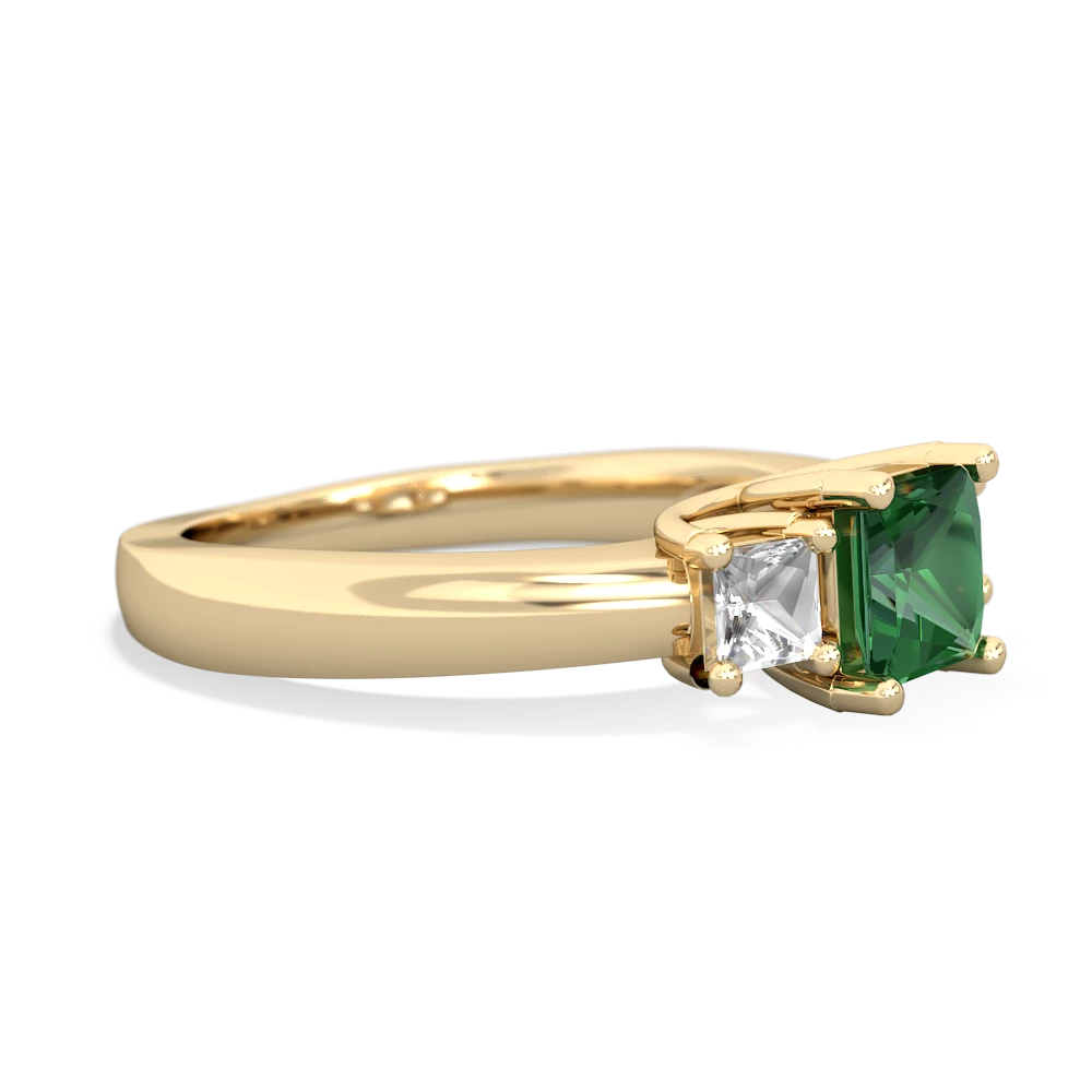 Lab Emerald Three Stone Trellis 14K Yellow Gold ring R4015