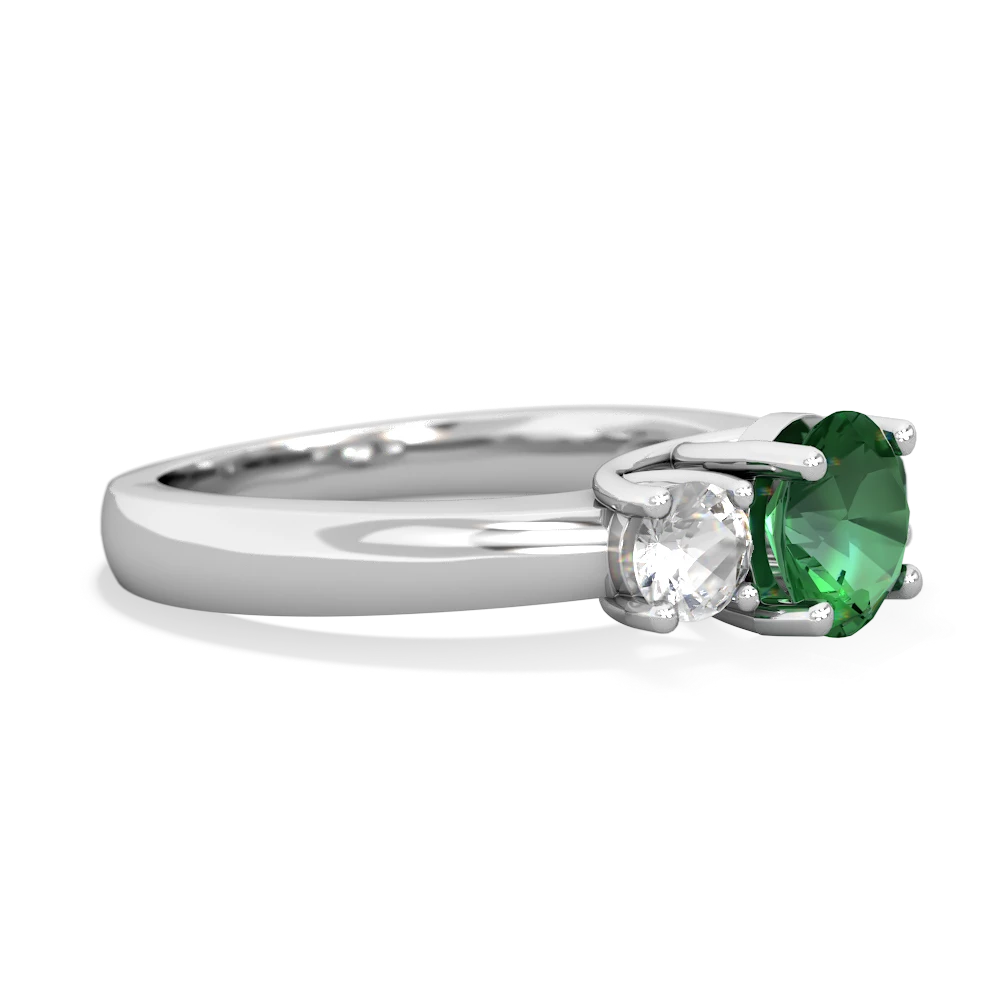 Lab Emerald Three Stone Round Trellis 14K White Gold ring R4018