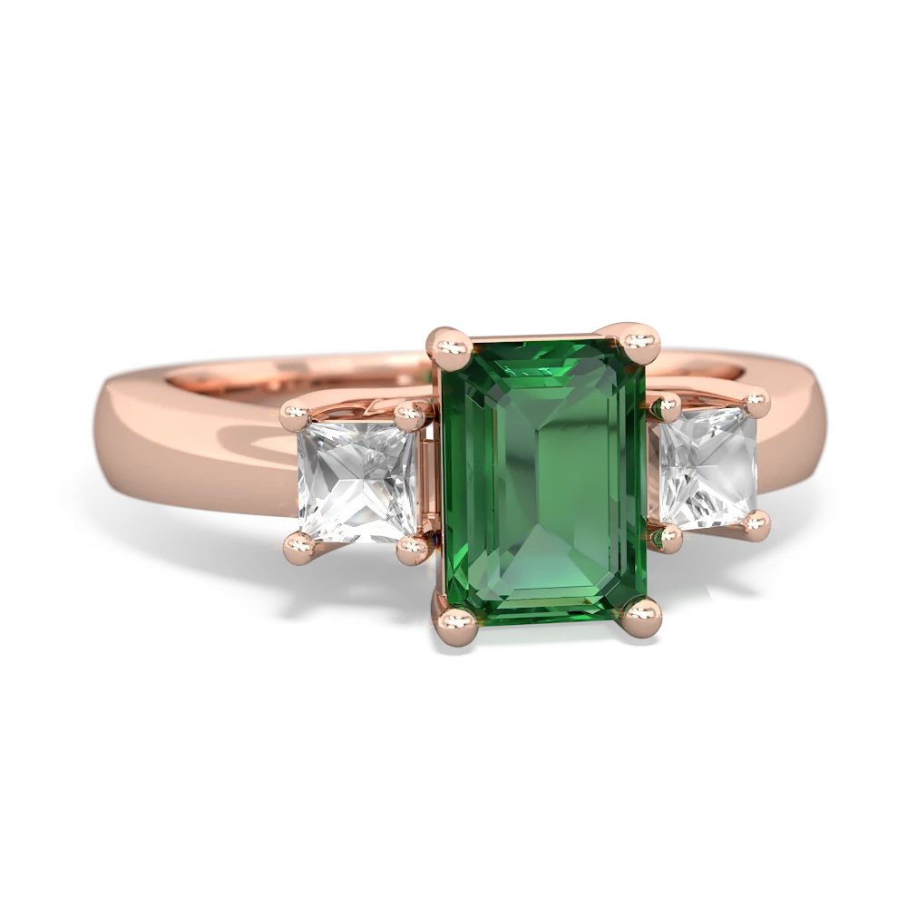 Lab Emerald Three Stone Emerald-Cut Trellis 14K Rose Gold ring R4021