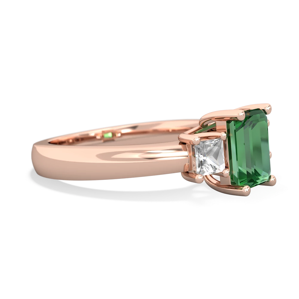 Lab Emerald Three Stone Emerald-Cut Trellis 14K Rose Gold ring R4021