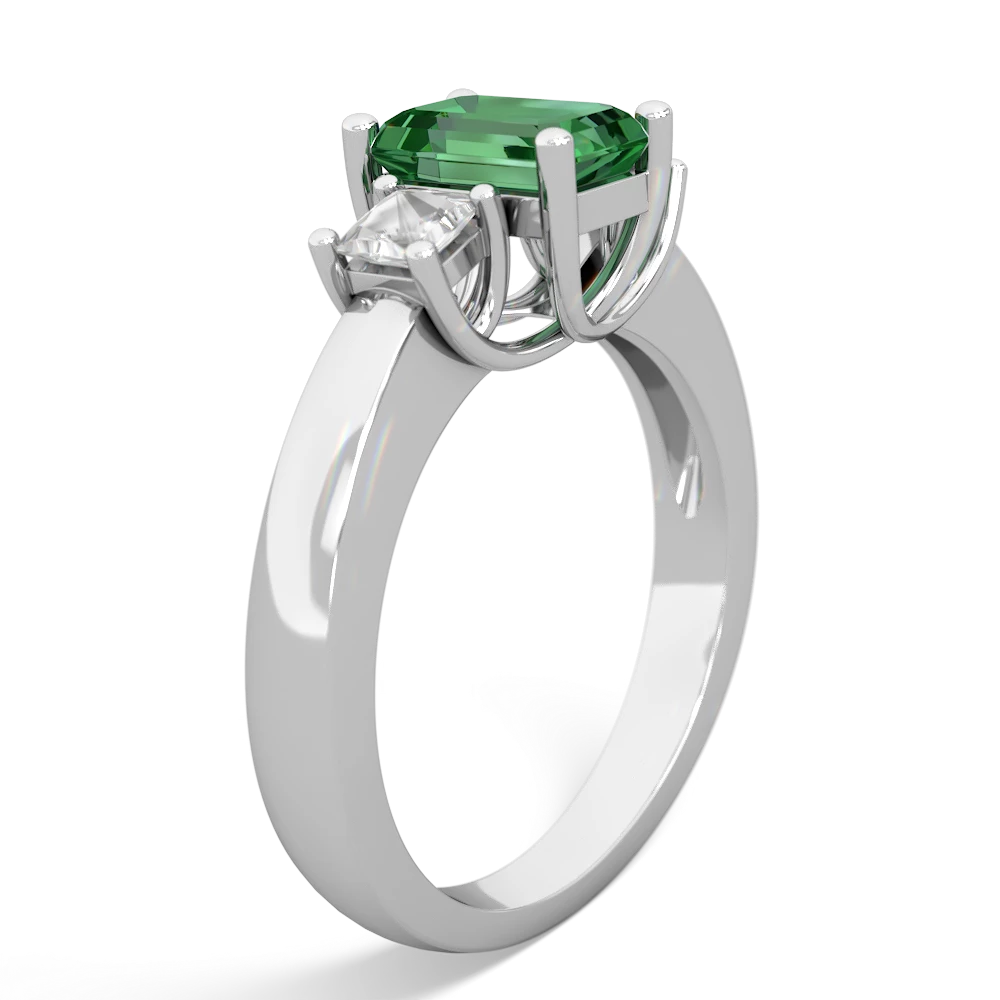 Lab Emerald Three Stone Emerald-Cut Trellis 14K White Gold ring R4021