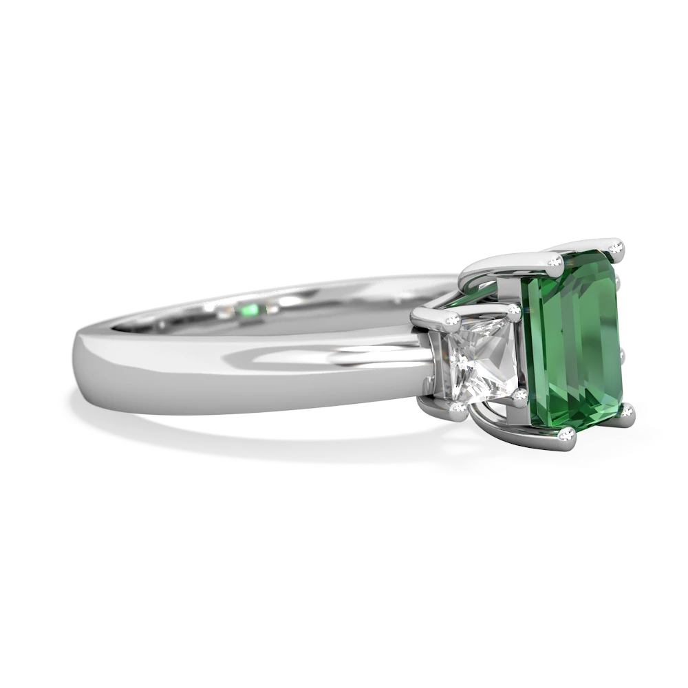 Lab Emerald Three Stone Emerald-Cut Trellis 14K White Gold ring R4021