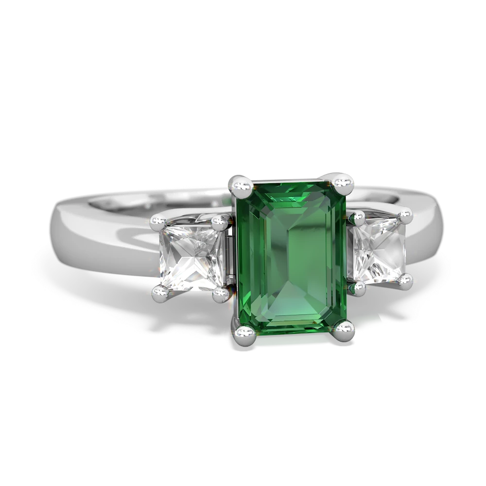 Lab Emerald Three Stone Emerald-Cut Trellis 14K White Gold ring R4021