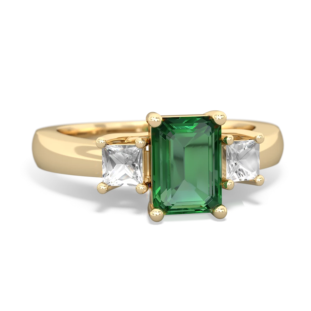 Lab Emerald Three Stone Emerald-Cut Trellis 14K Yellow Gold ring R4021