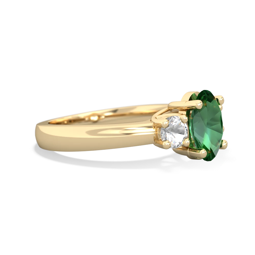 Lab Emerald Three Stone Oval Trellis 14K Yellow Gold ring R4024