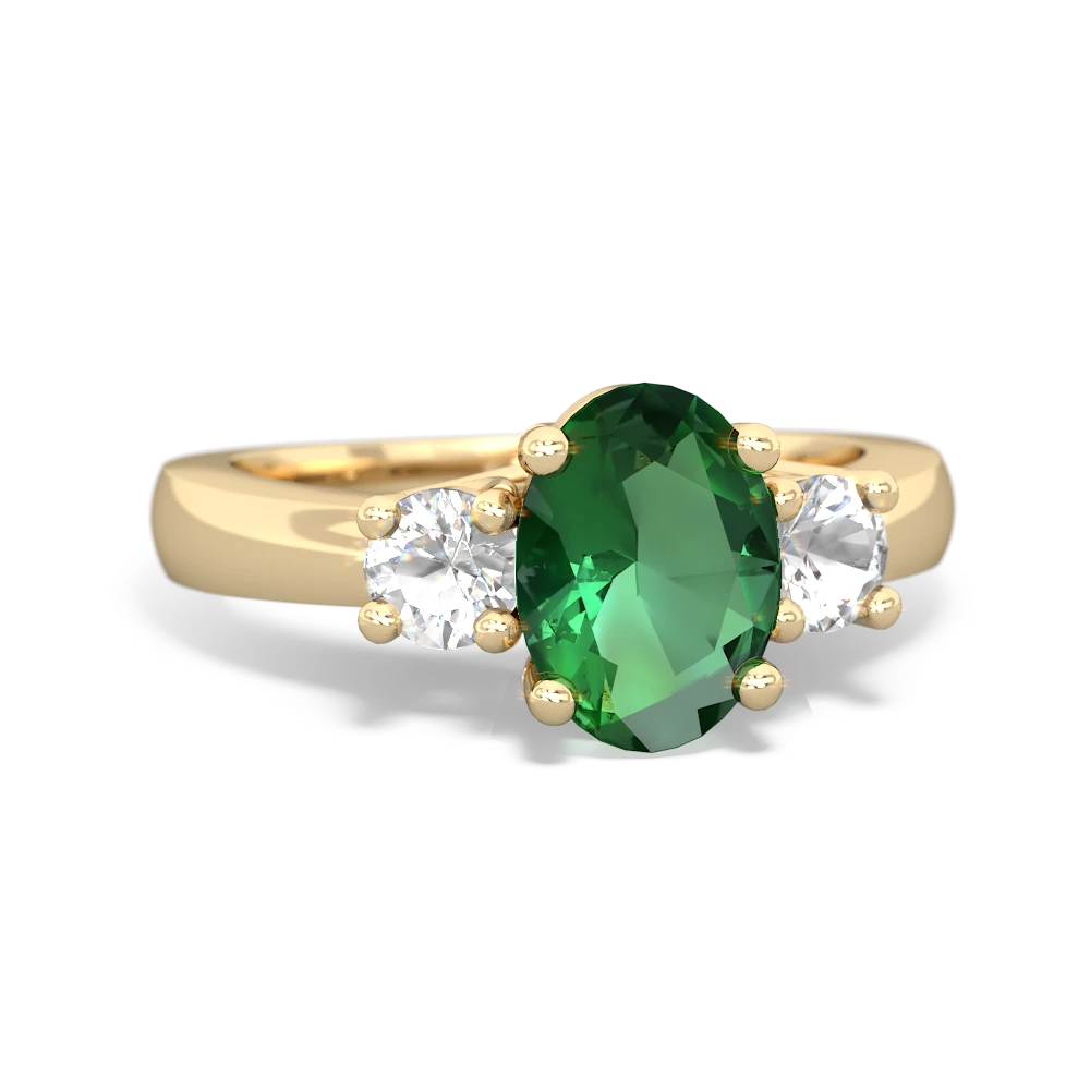 Lab Emerald Three Stone Oval Trellis 14K Yellow Gold ring R4024