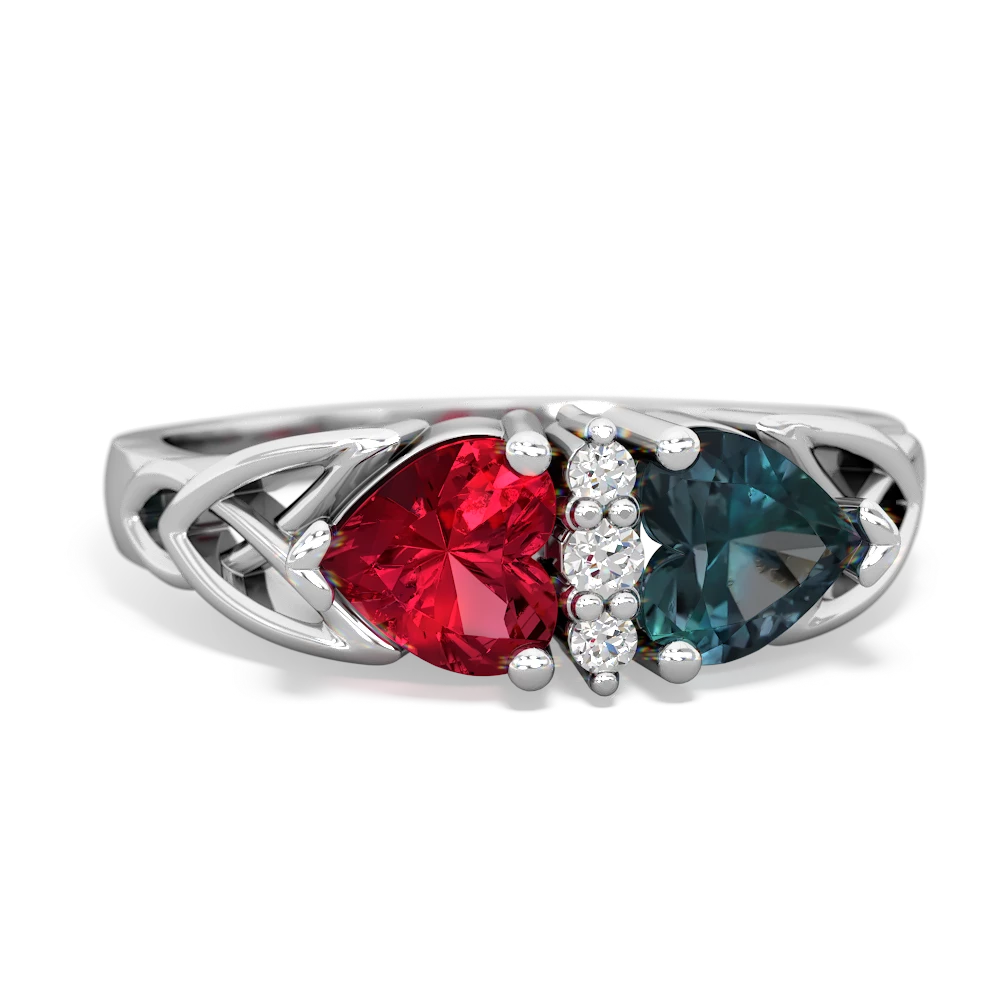 Lab Ruby Celtic Knot Double Heart 14K White Gold ring R5040