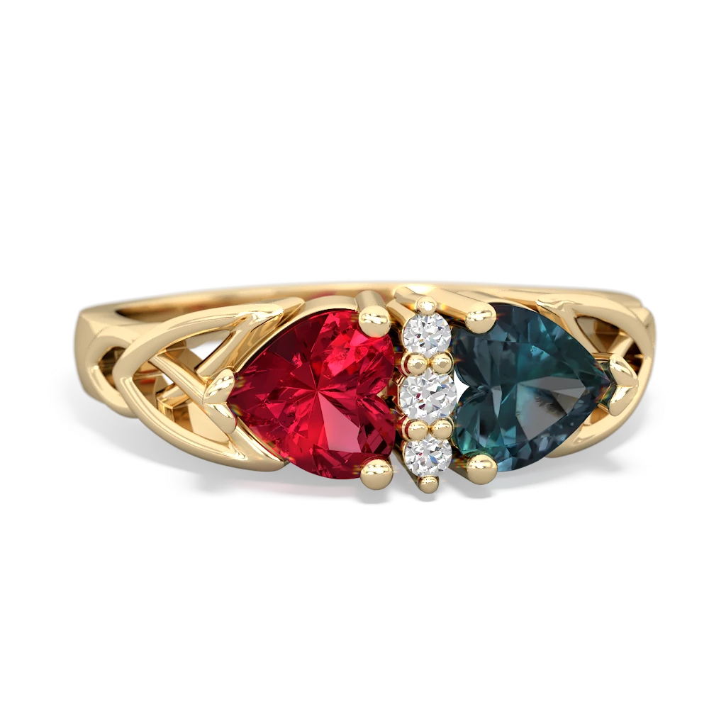 Lab Ruby Celtic Knot Double Heart 14K Yellow Gold ring R5040