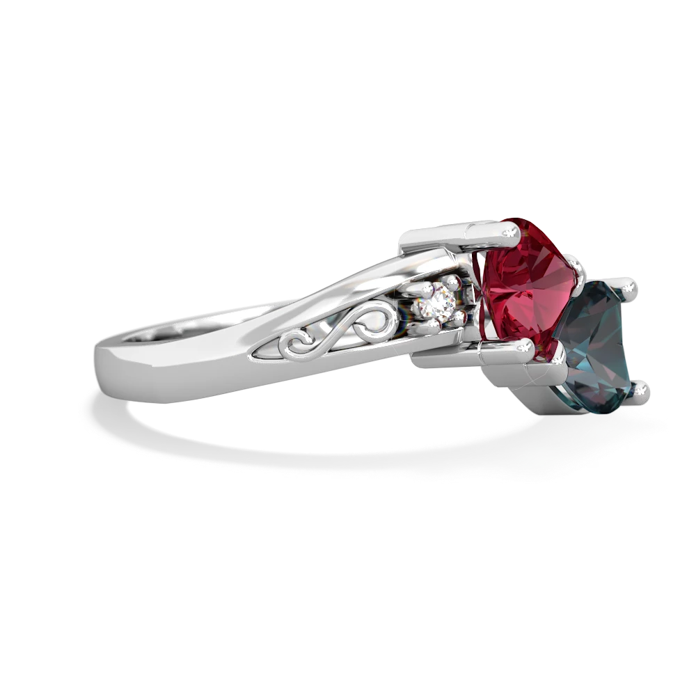 Lab Ruby Snuggling Hearts 14K White Gold ring R2178