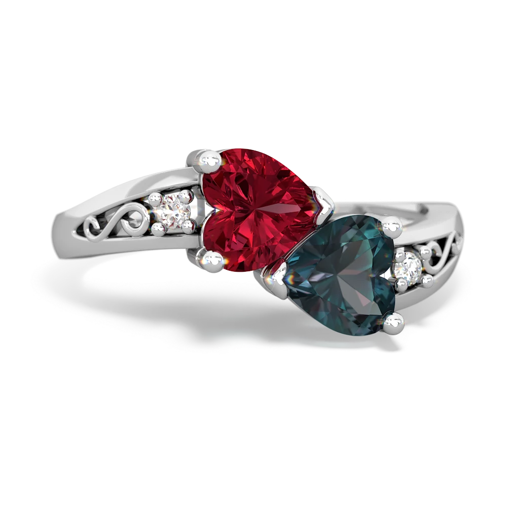 Lab Ruby Snuggling Hearts 14K White Gold ring R2178