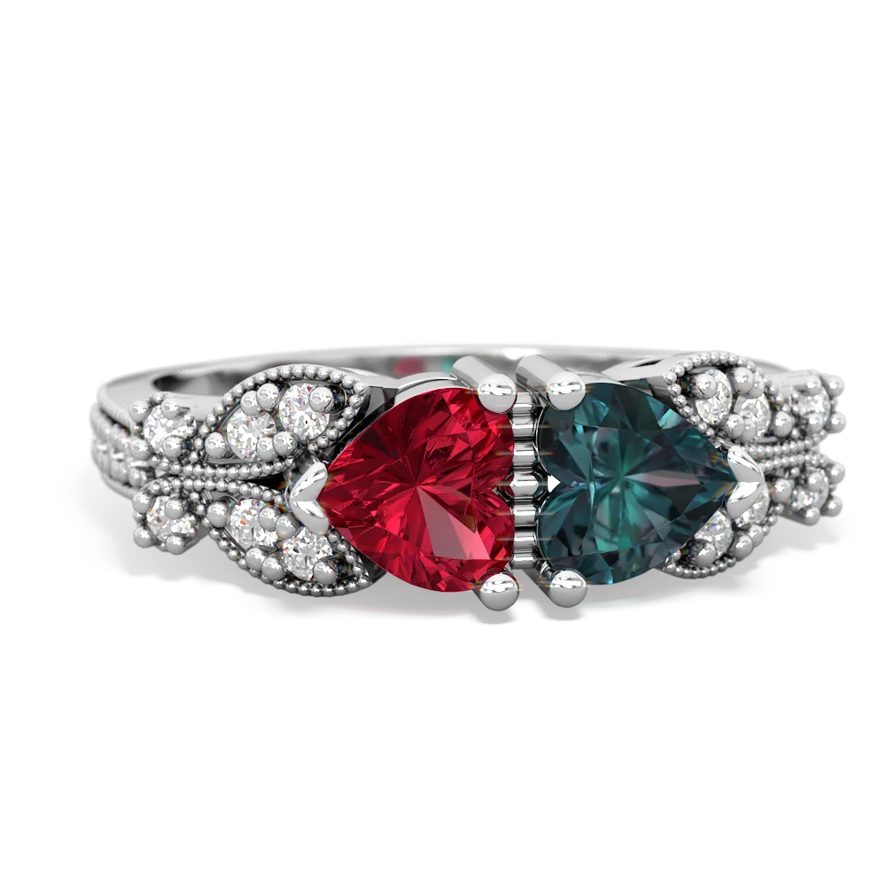 Lab Ruby Diamond Butterflies 14K White Gold ring R5601