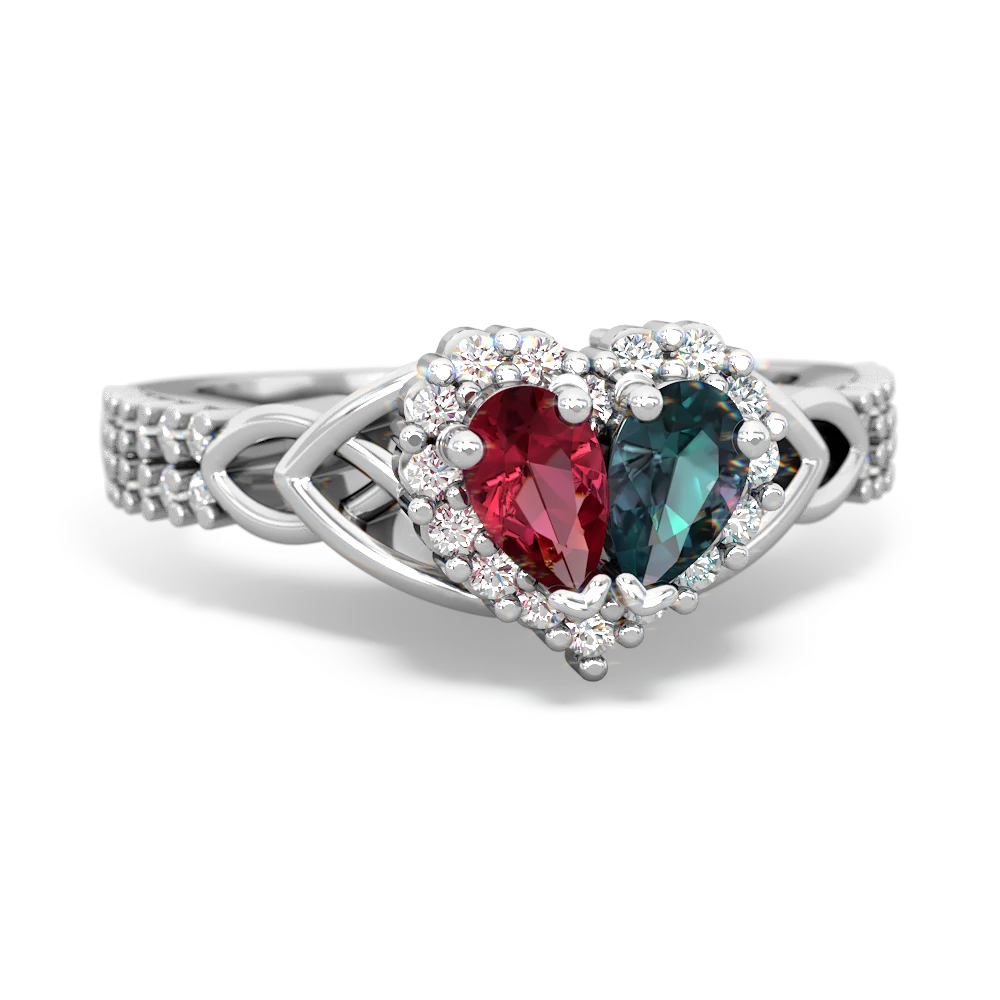 Lab Ruby Celtic Knot Two Hearts As One 14K White Gold ring R2644HRT