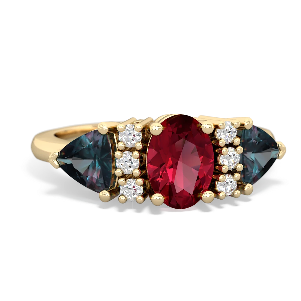 Lab Ruby Antique Style Three Stone 14K Yellow Gold ring R2186