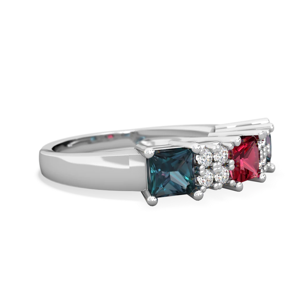 Lab Ruby Three Stone Diamond Cluster 14K White Gold ring R2592