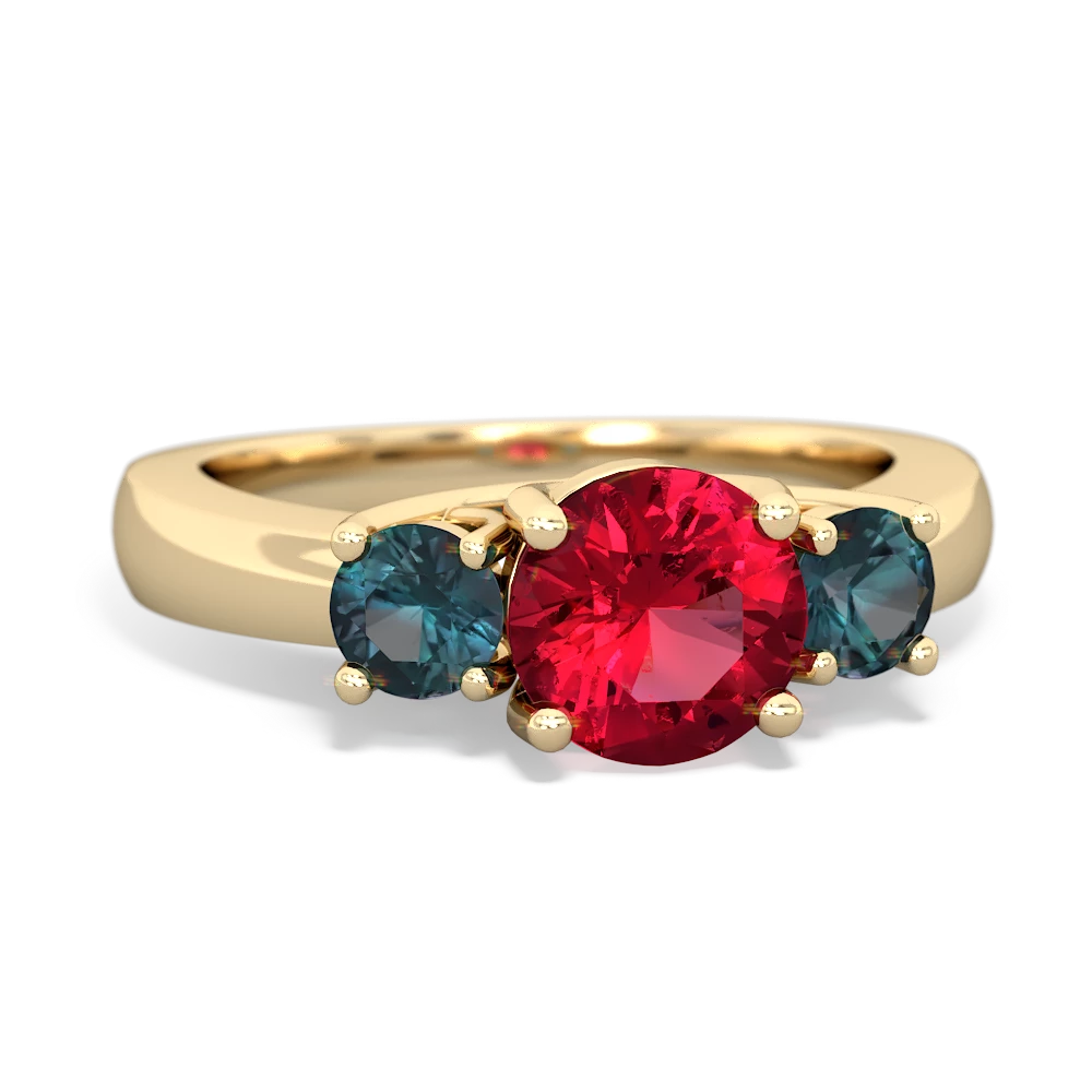 Lab Ruby Three Stone Round Trellis 14K Yellow Gold ring R4018