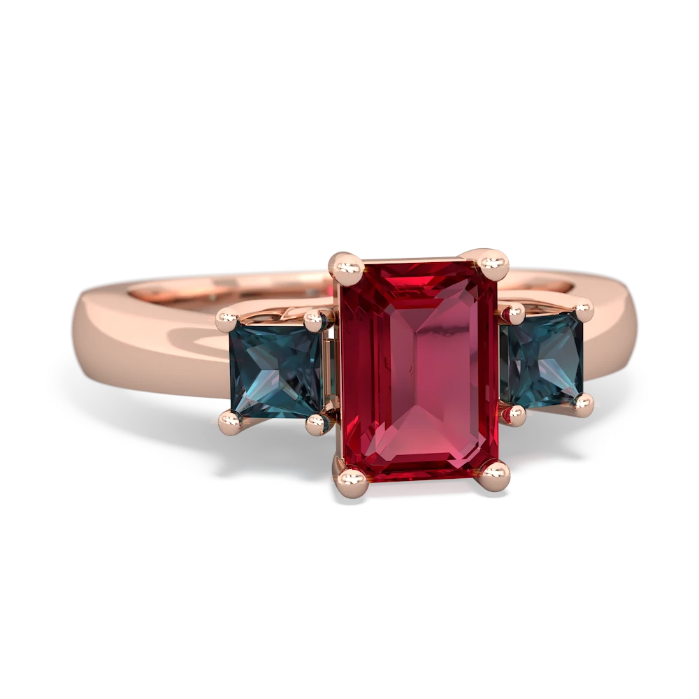 Lab Ruby Three Stone Emerald-Cut Trellis 14K Rose Gold ring R4021