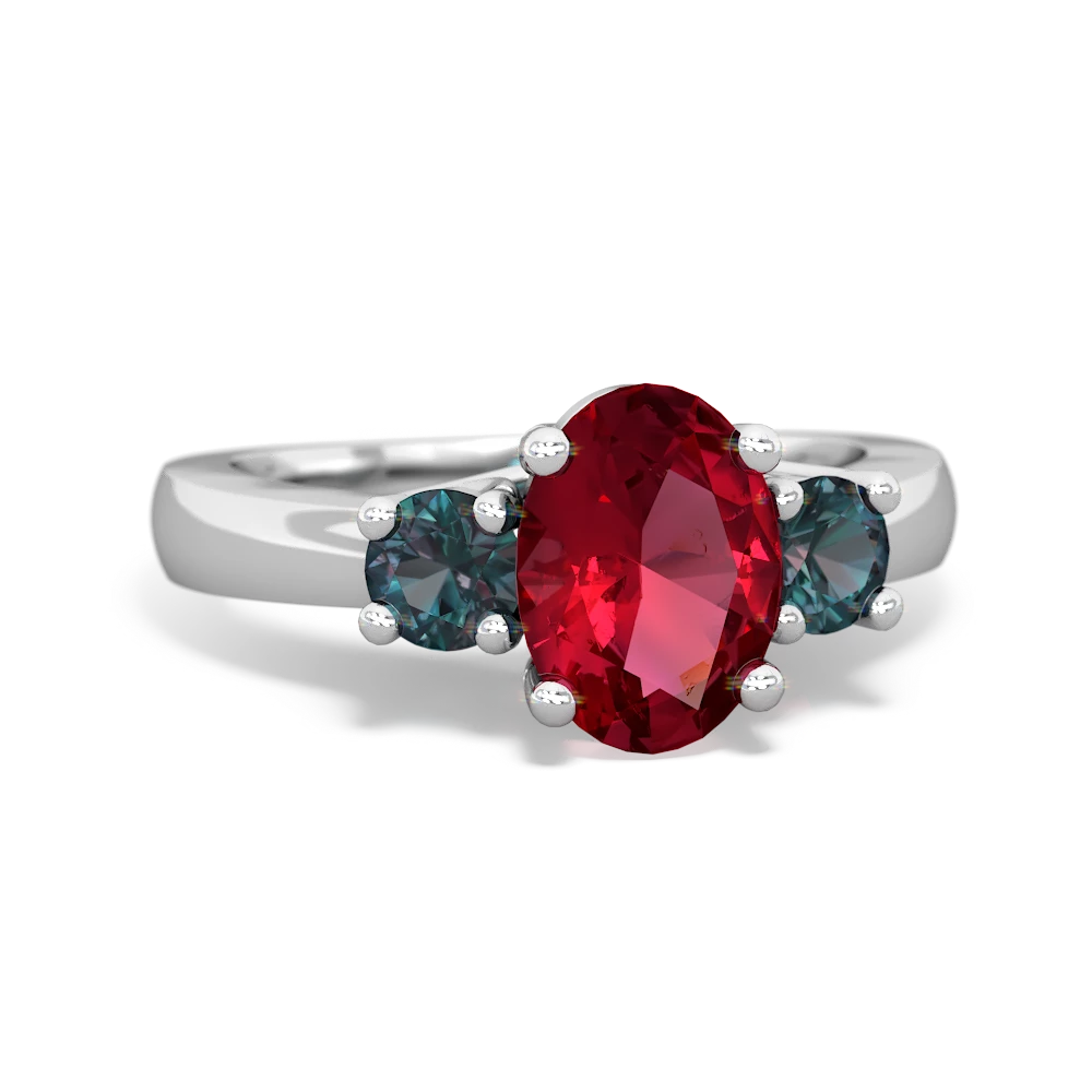 Lab Ruby Three Stone Oval Trellis 14K White Gold ring R4024