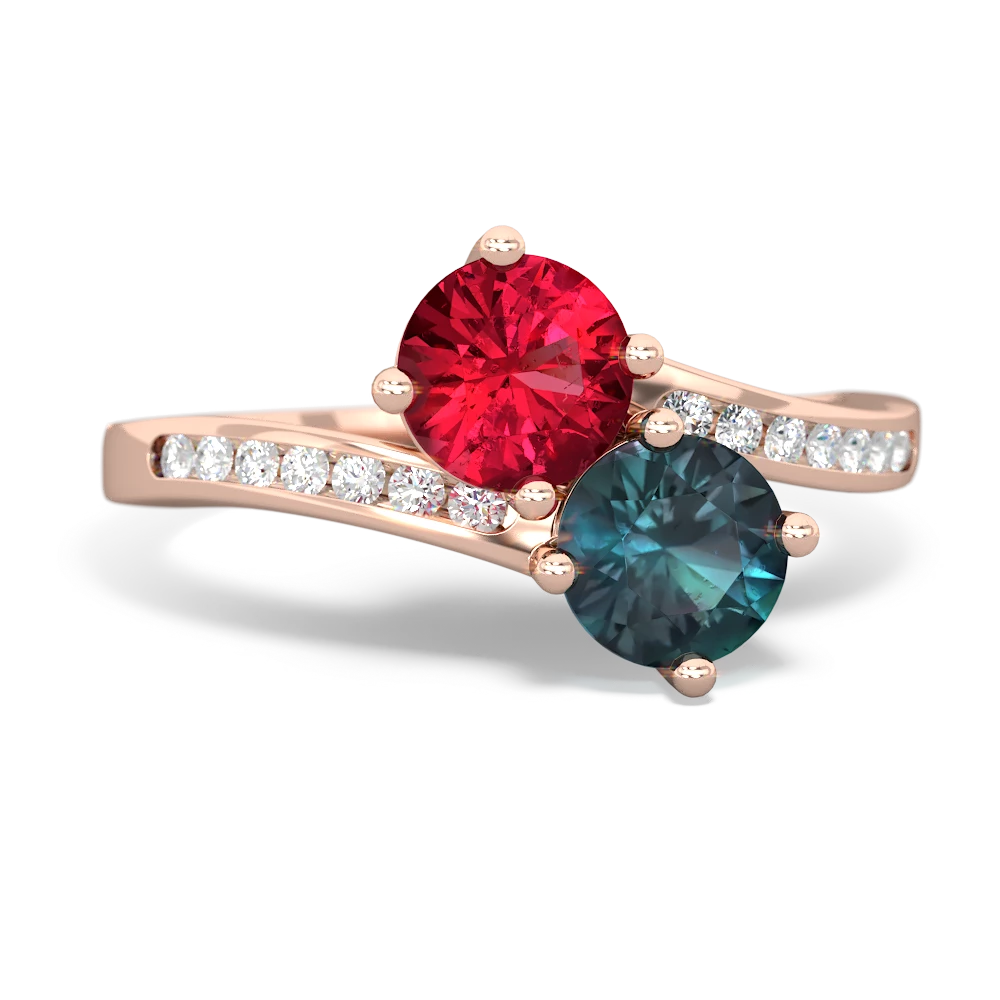 Lab Ruby Channel Set Two Stone 14K Rose Gold ring R5303