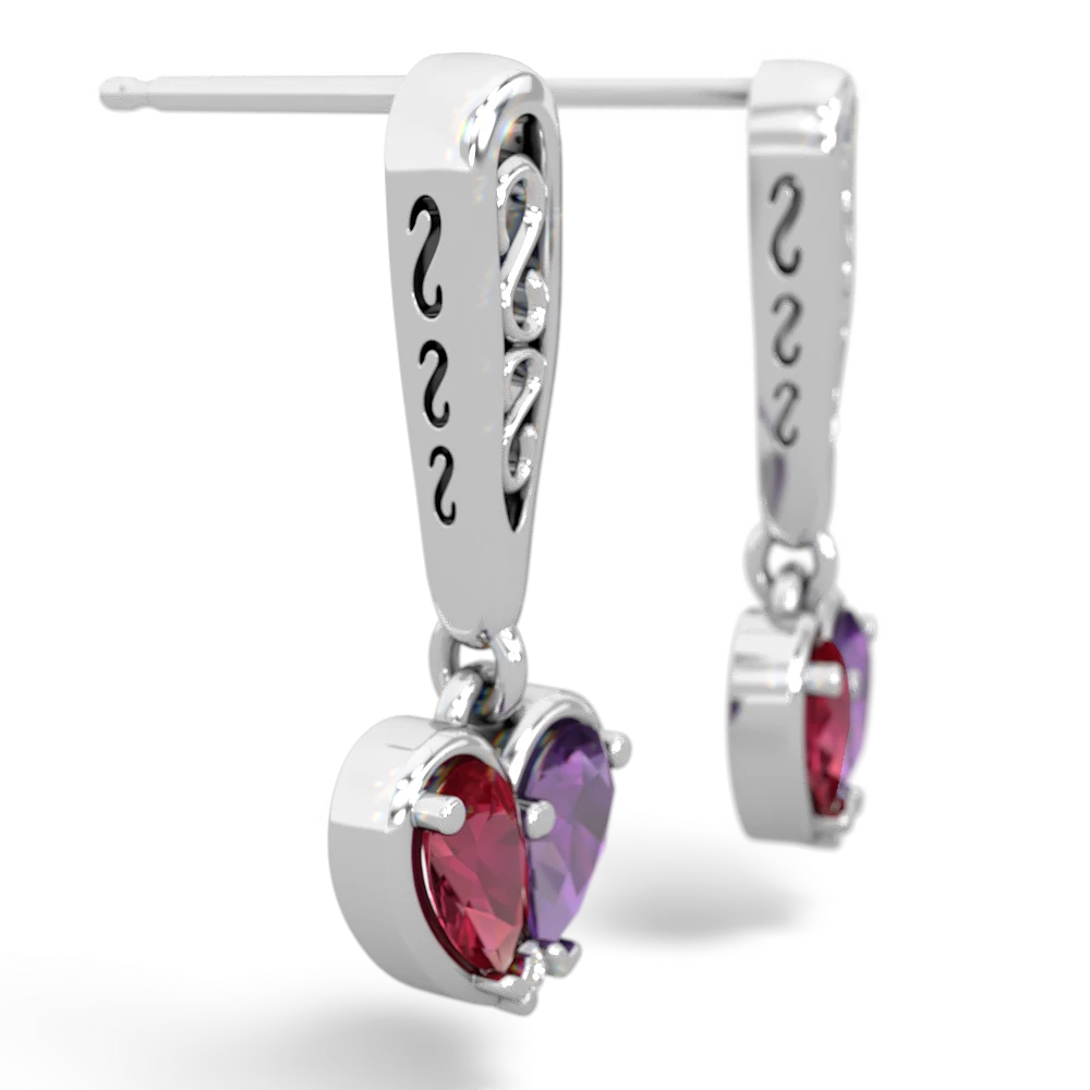 Lab Ruby Filligree Heart 14K White Gold earrings E5070