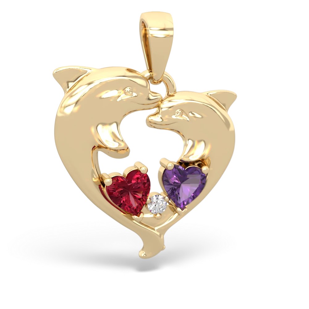 Lab Ruby Dolphin Heart 14K Yellow Gold pendant P5820