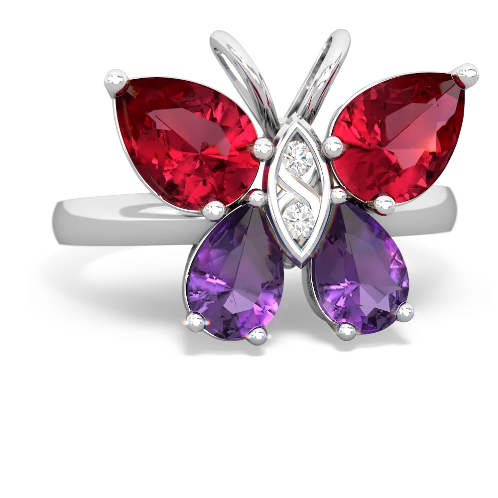 Lab Ruby Butterfly 14K White Gold ring R2215