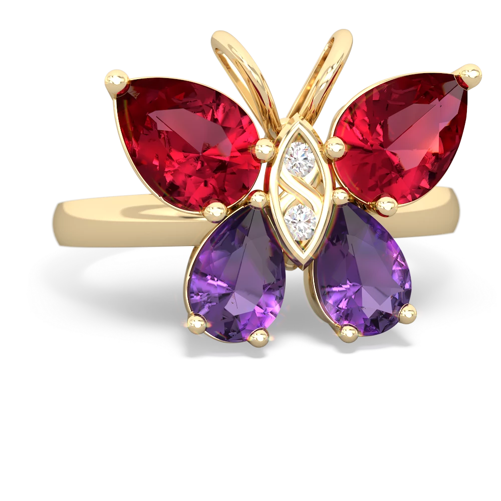 Lab Ruby Butterfly 14K Yellow Gold ring R2215