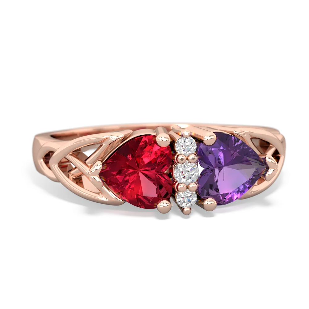 Lab Ruby Celtic Knot Double Heart 14K Rose Gold ring R5040