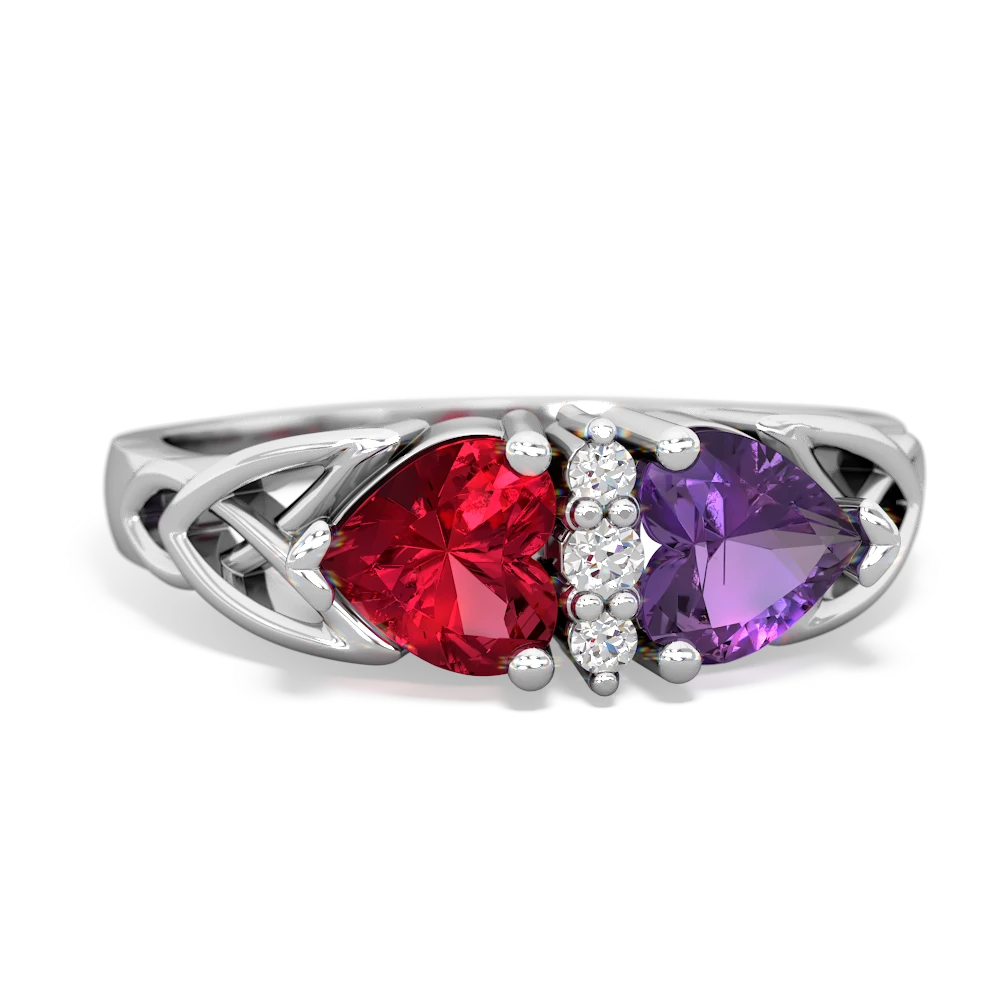 Lab Ruby Celtic Knot Double Heart 14K White Gold ring R5040