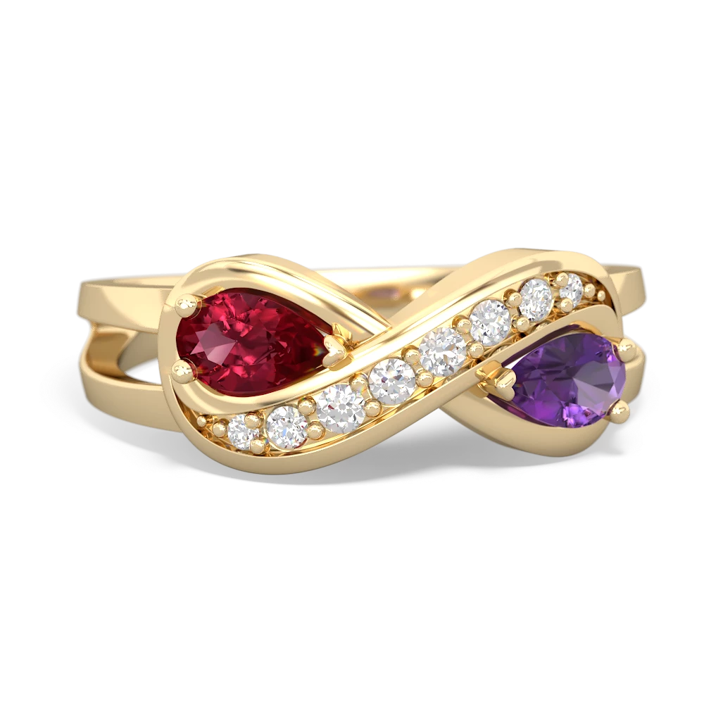 Lab Ruby Diamond Infinity 14K Yellow Gold ring R5390