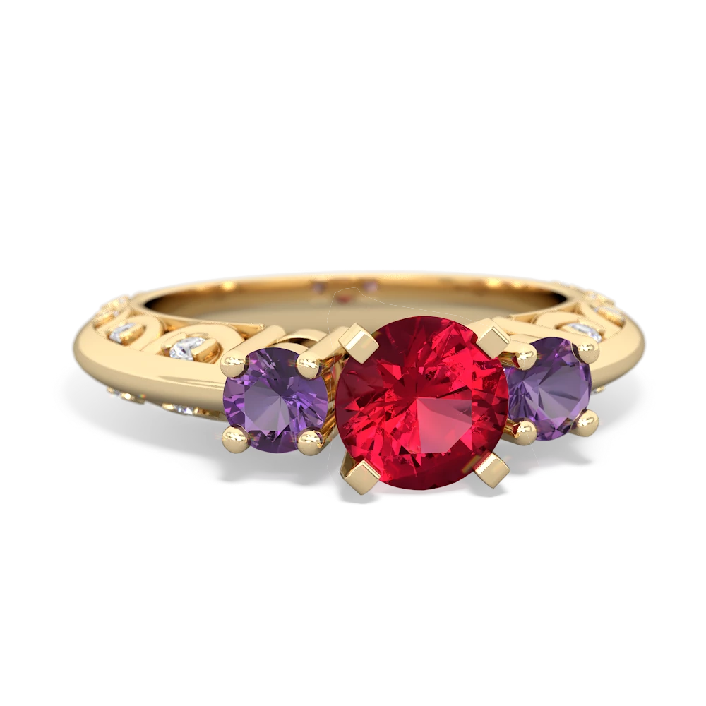 Lab Ruby Art Deco Eternal Embrace Engagement 14K Yellow Gold ring C2003