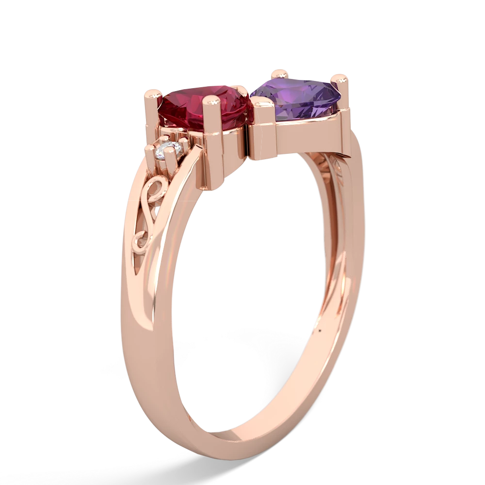 Lab Ruby Snuggling Hearts 14K Rose Gold ring R2178