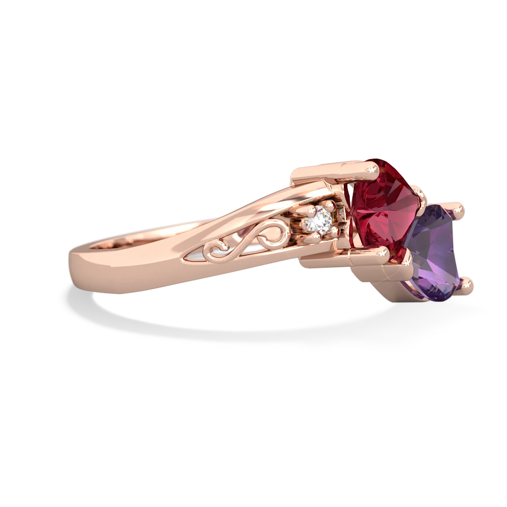 Lab Ruby Snuggling Hearts 14K Rose Gold ring R2178