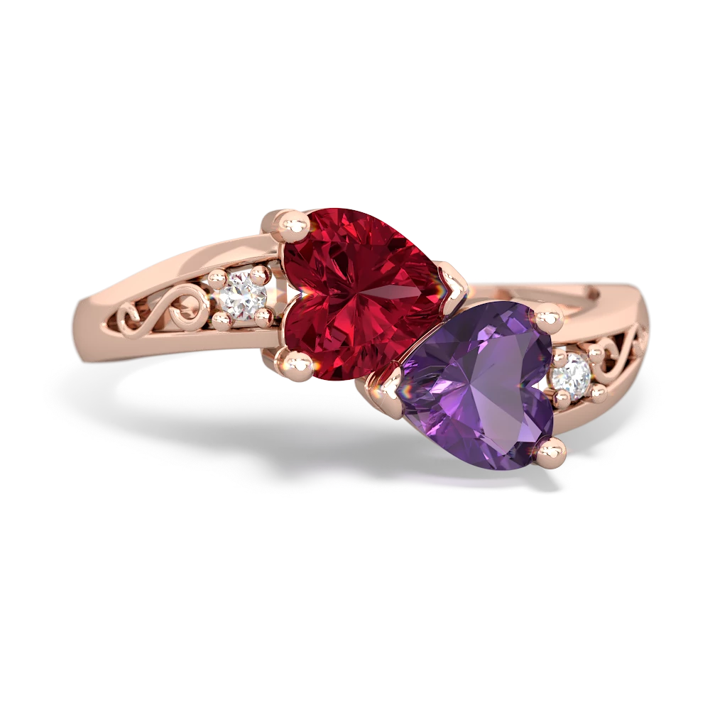 Lab Ruby Snuggling Hearts 14K Rose Gold ring R2178